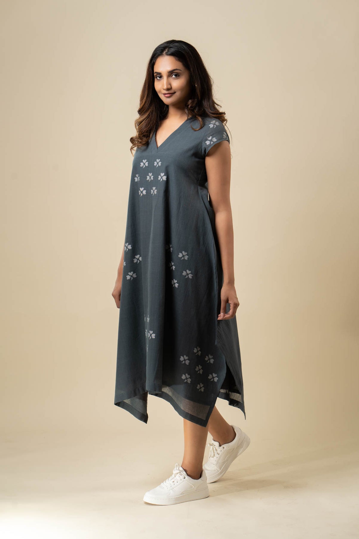 Grey Muslin Jamdani Yoke Dress