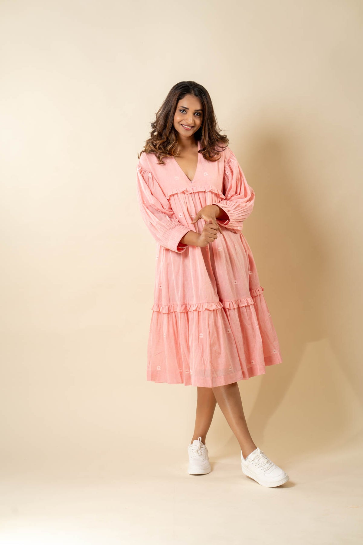 Pink Muslin Jamdani Midi Dress