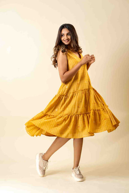 Yellow Muslin Jamdani Layered Dress