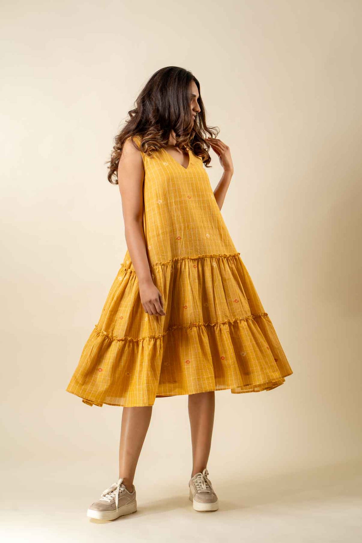 Yellow Muslin Jamdani Layered Dress