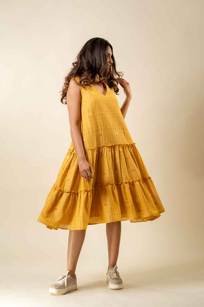 Yellow Muslin Jamdani Layered Dress