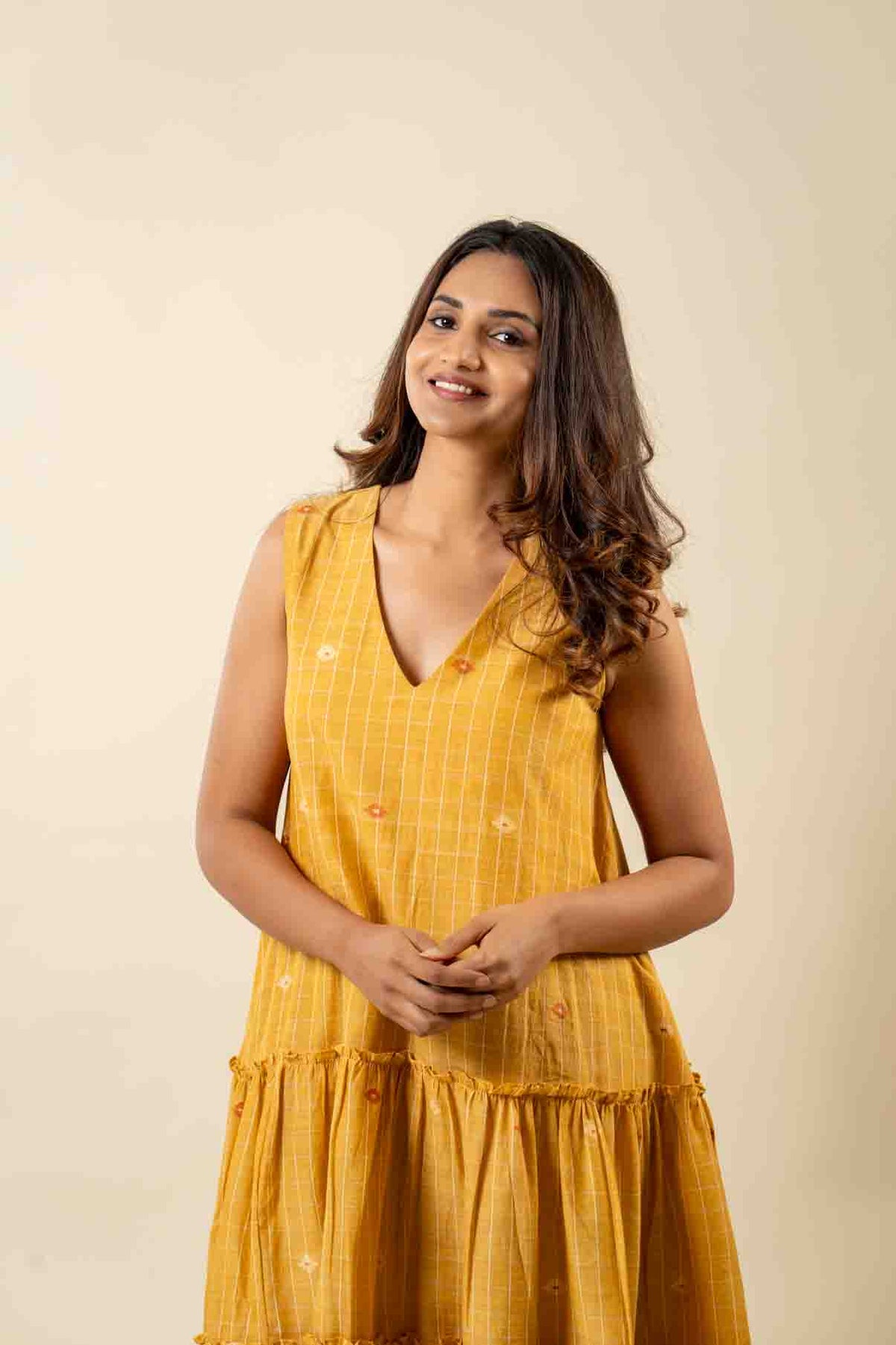 Yellow Muslin Jamdani Layered Dress