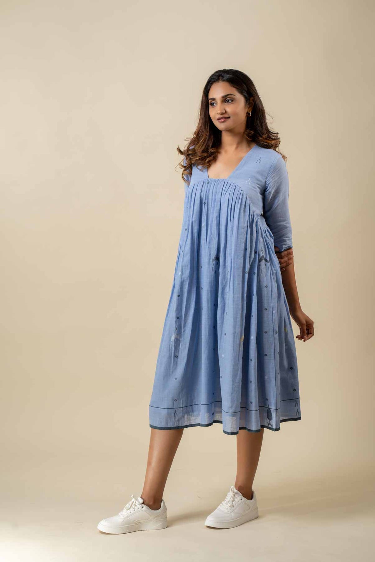 Blue Muslin Jamdani Bucket Neck Dress