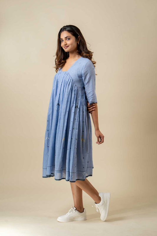 Blue Muslin Jamdani Bucket Neck Dress