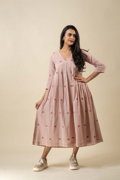 Blush Pink Muslin Cotton Jamdani Dress