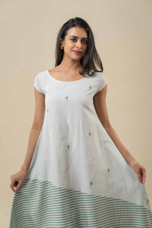Mint Blue Jamdani Dress with Stripes Border