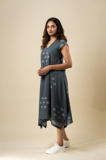 Grey Muslin Jamdani Yoke Dress