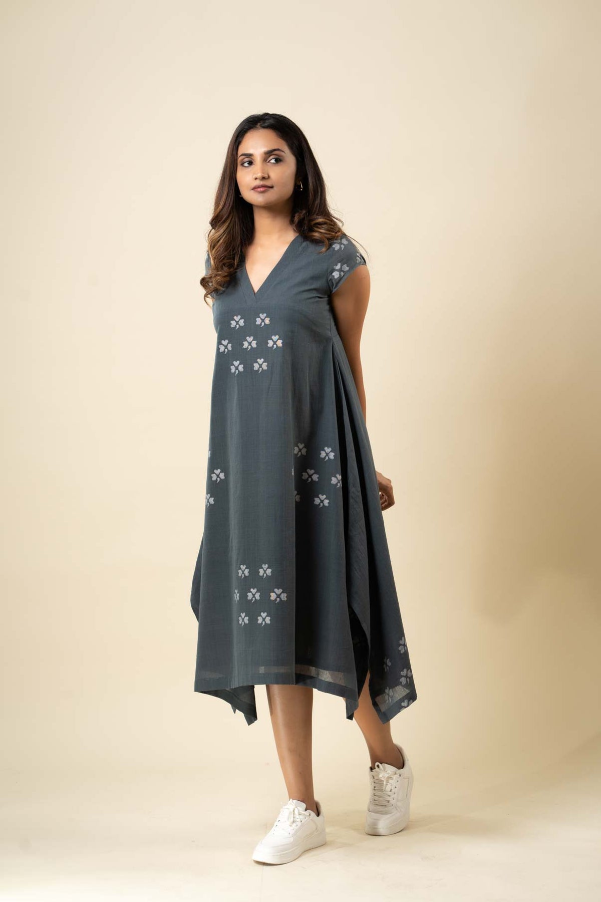 Grey Muslin Jamdani Yoke Dress