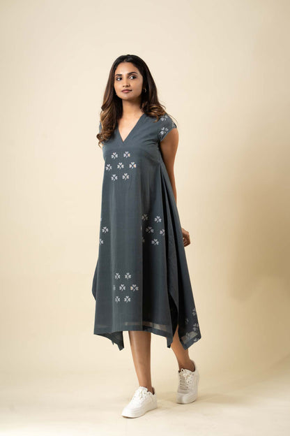 Grey Muslin Jamdani Yoke Dress
