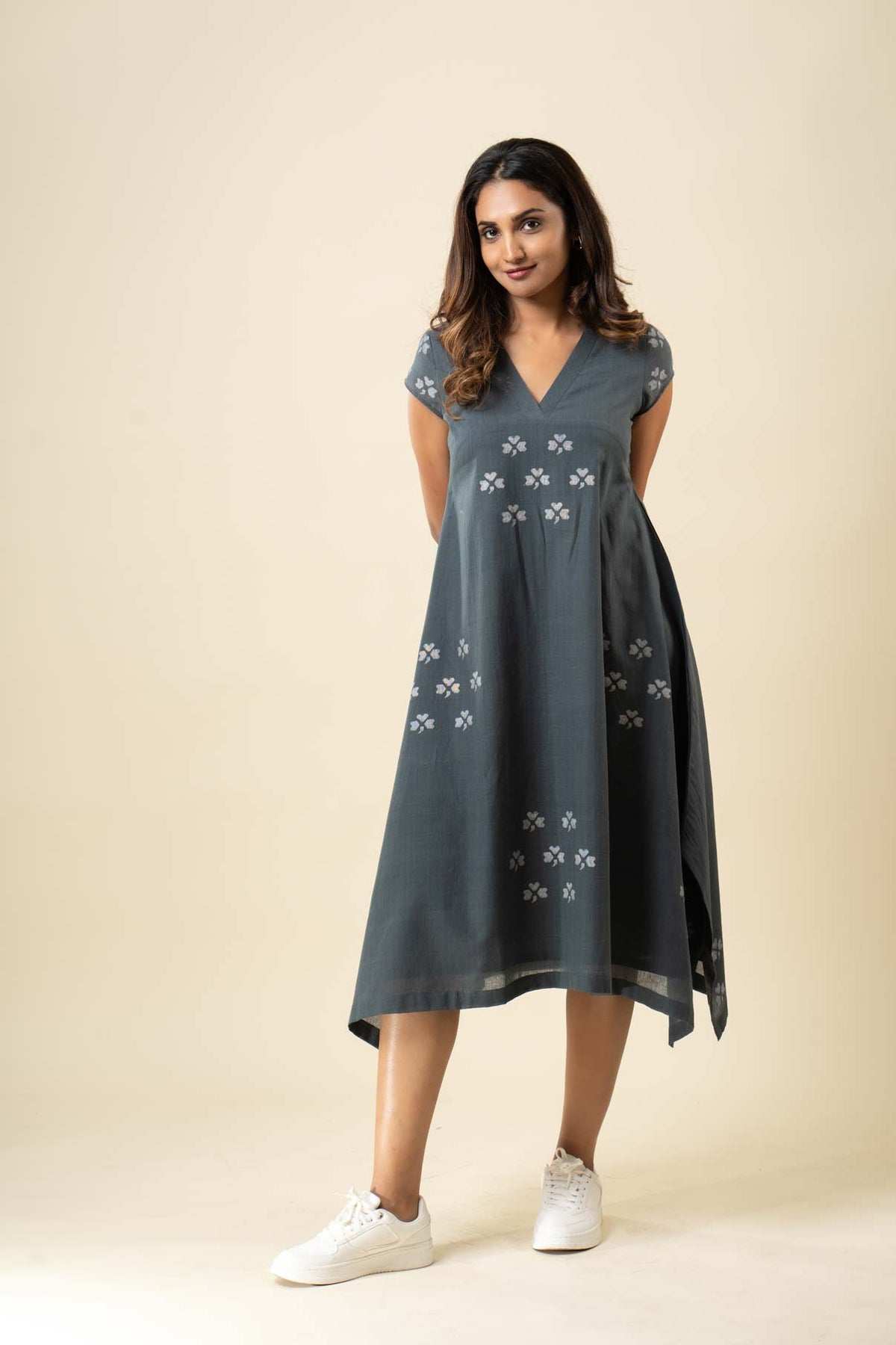 Grey Muslin Jamdani Yoke Dress