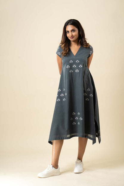 Grey Muslin Jamdani Yoke Dress