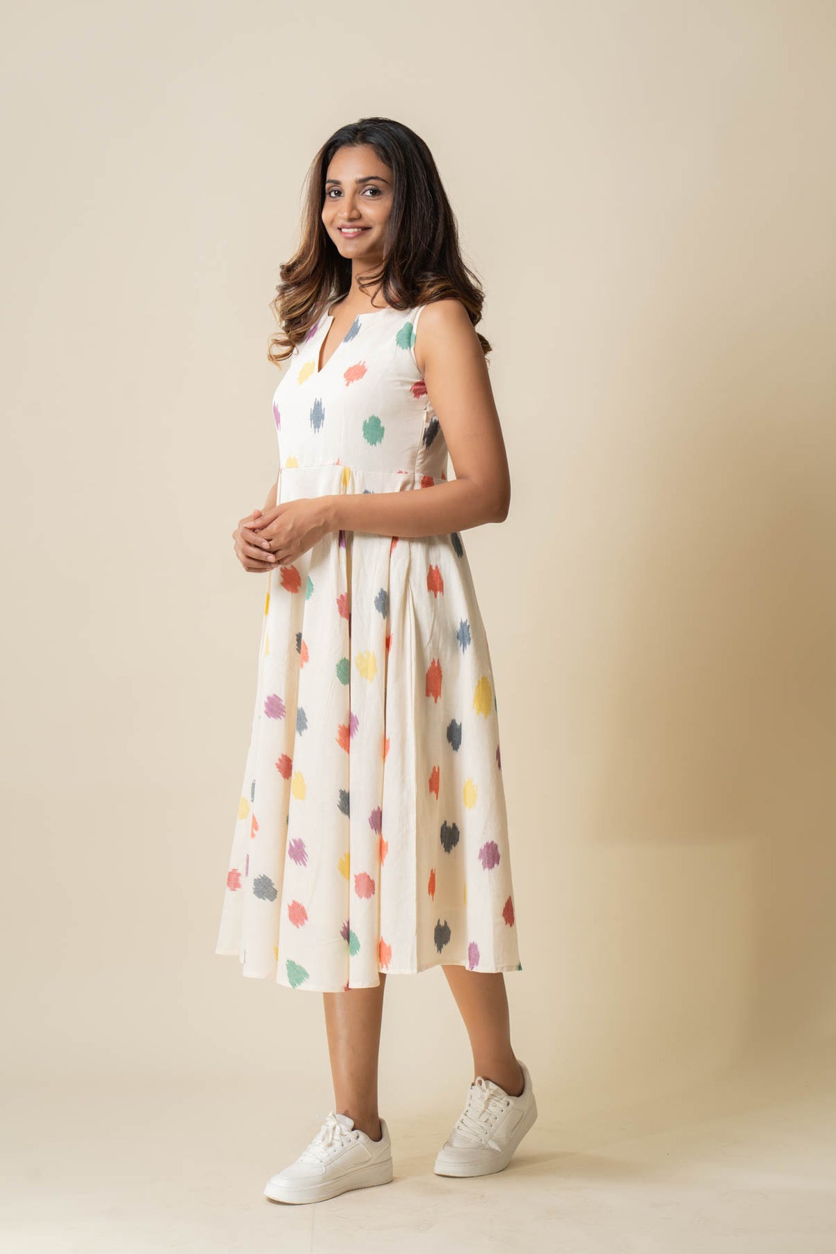 Beige Ikkat mutli colored buttis dress