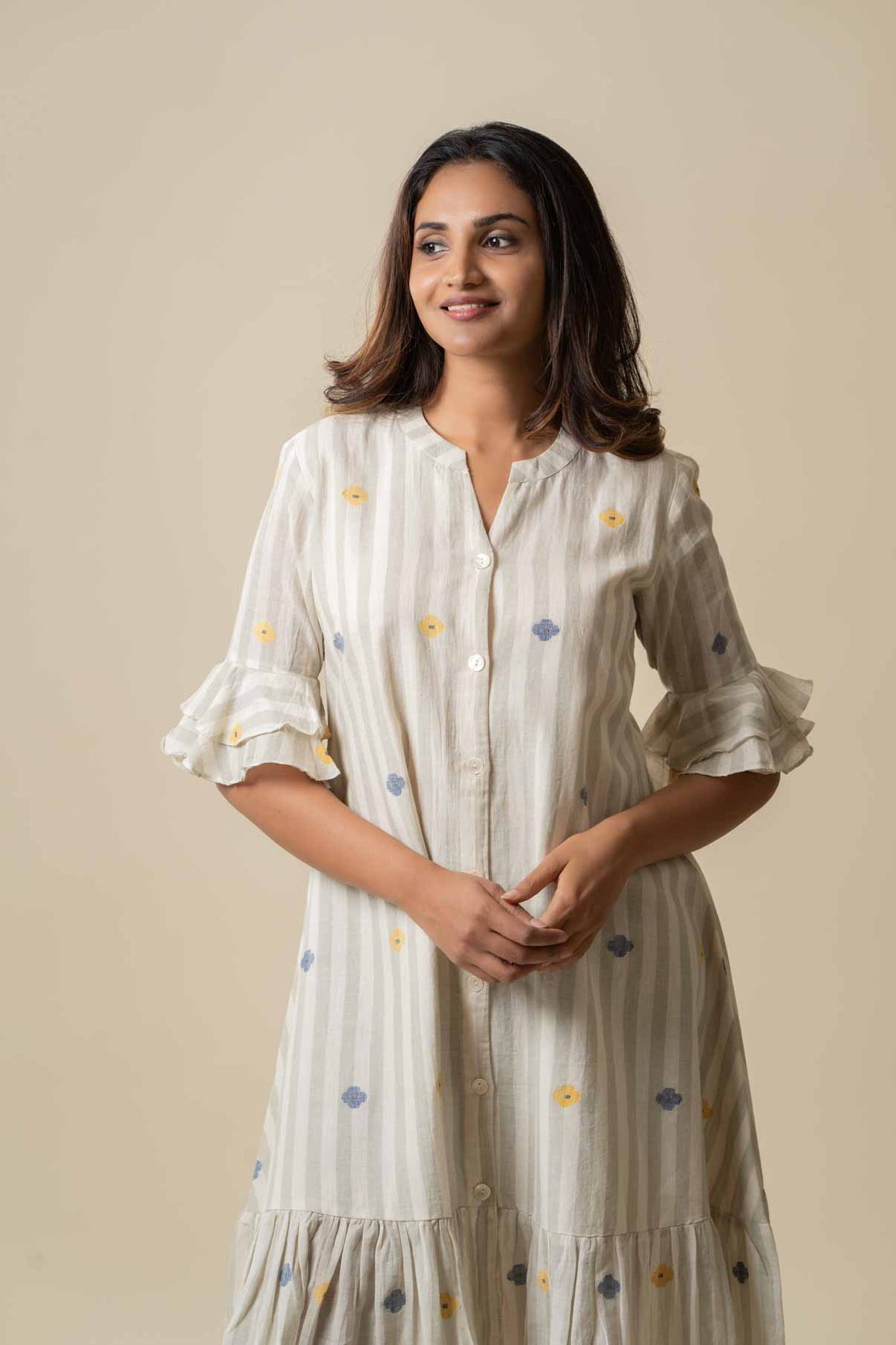 Creme and grey striped floral jamdani dress