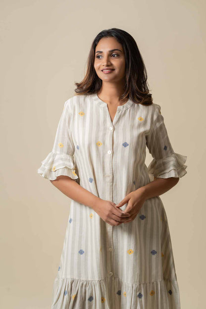 Creme and grey striped floral jamdani dress