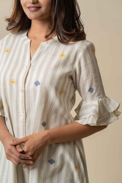 Creme and grey striped floral jamdani dress