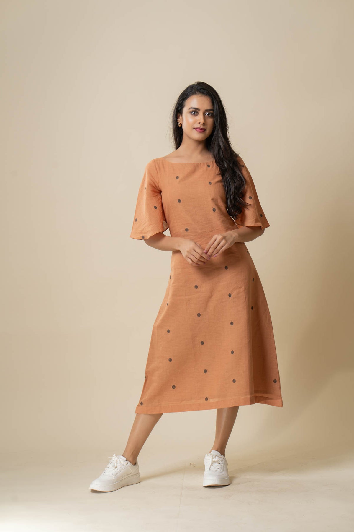 Brown polka dot jamdani dress