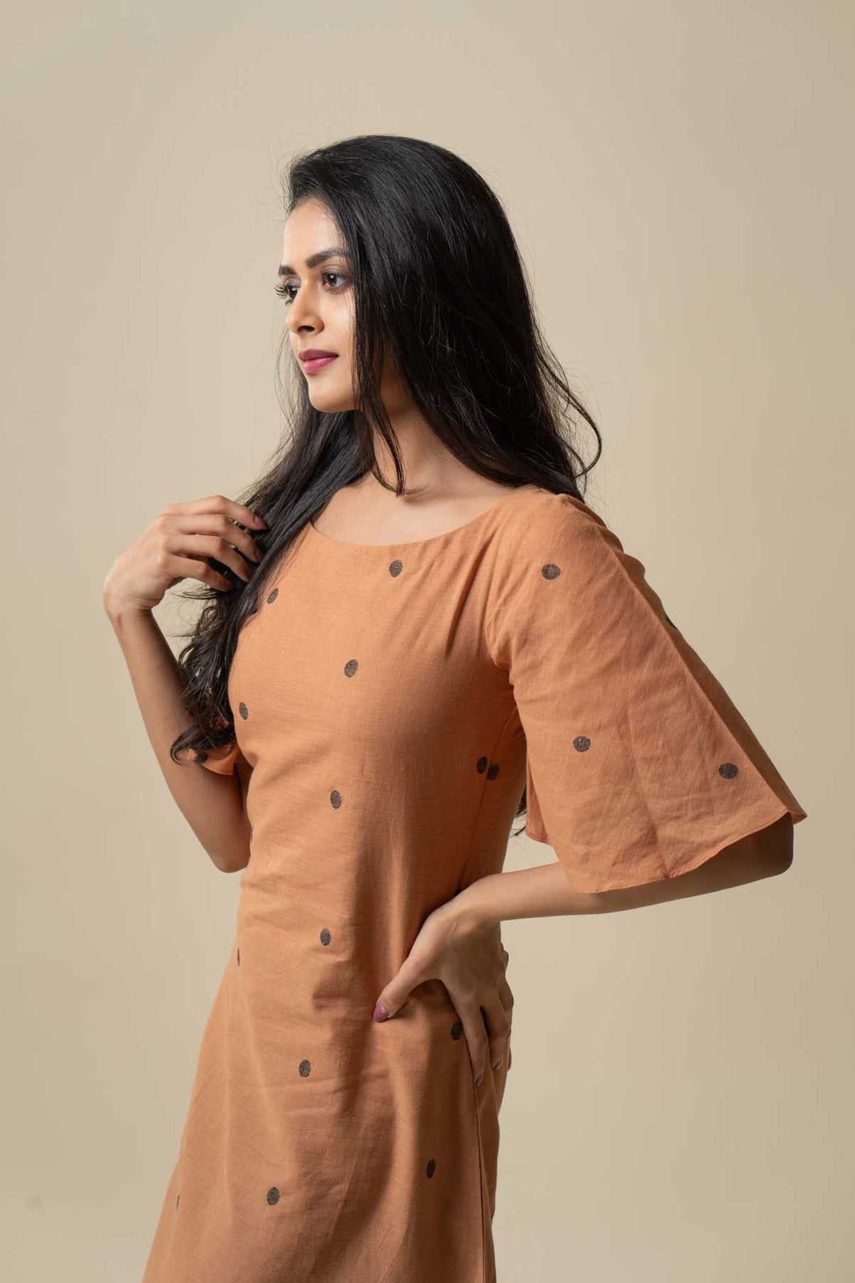 Brown polka dot jamdani dress