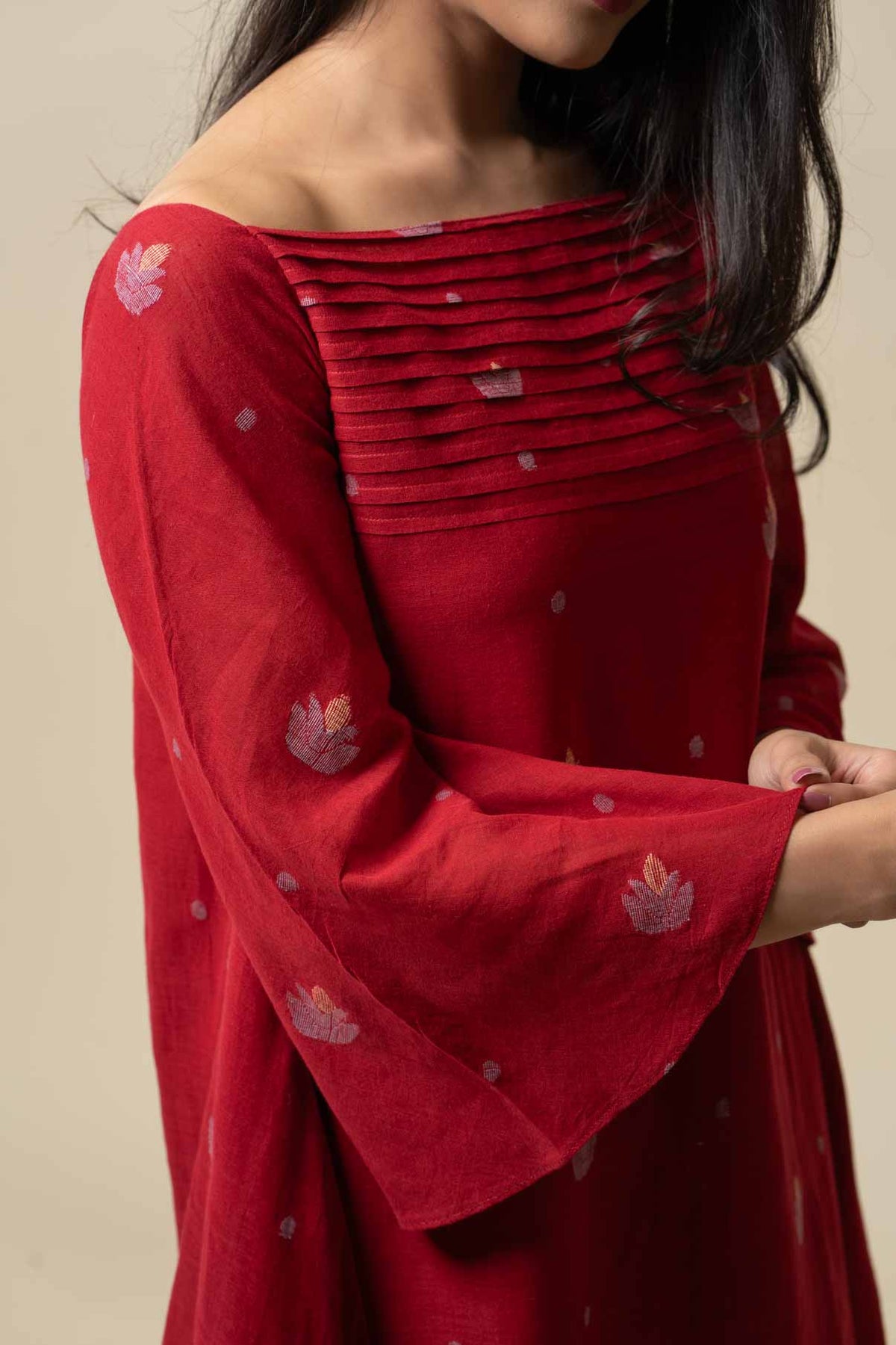 Red A-line Jamdani dress