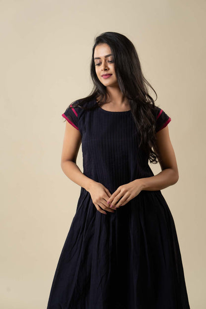 Navy Blue Godavari Cotton Pintuk Dress