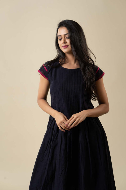 Navy Blue Godavari Cotton Pintuk Dress
