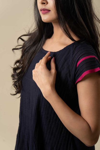 Navy Blue Godavari Cotton Pintuk Dress