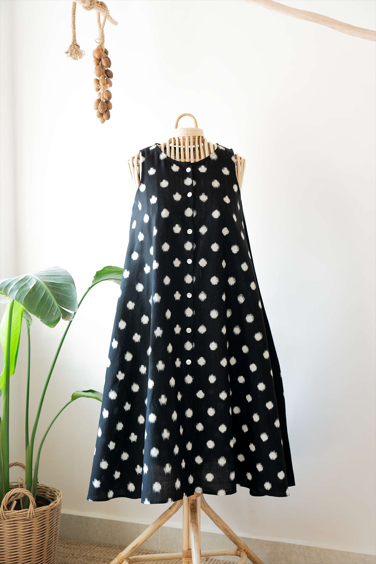 Black Ikat Polka Dot Sleeveless Dress