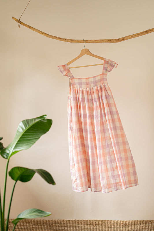 Pastel Gingham Ruffle Sleeve Dress