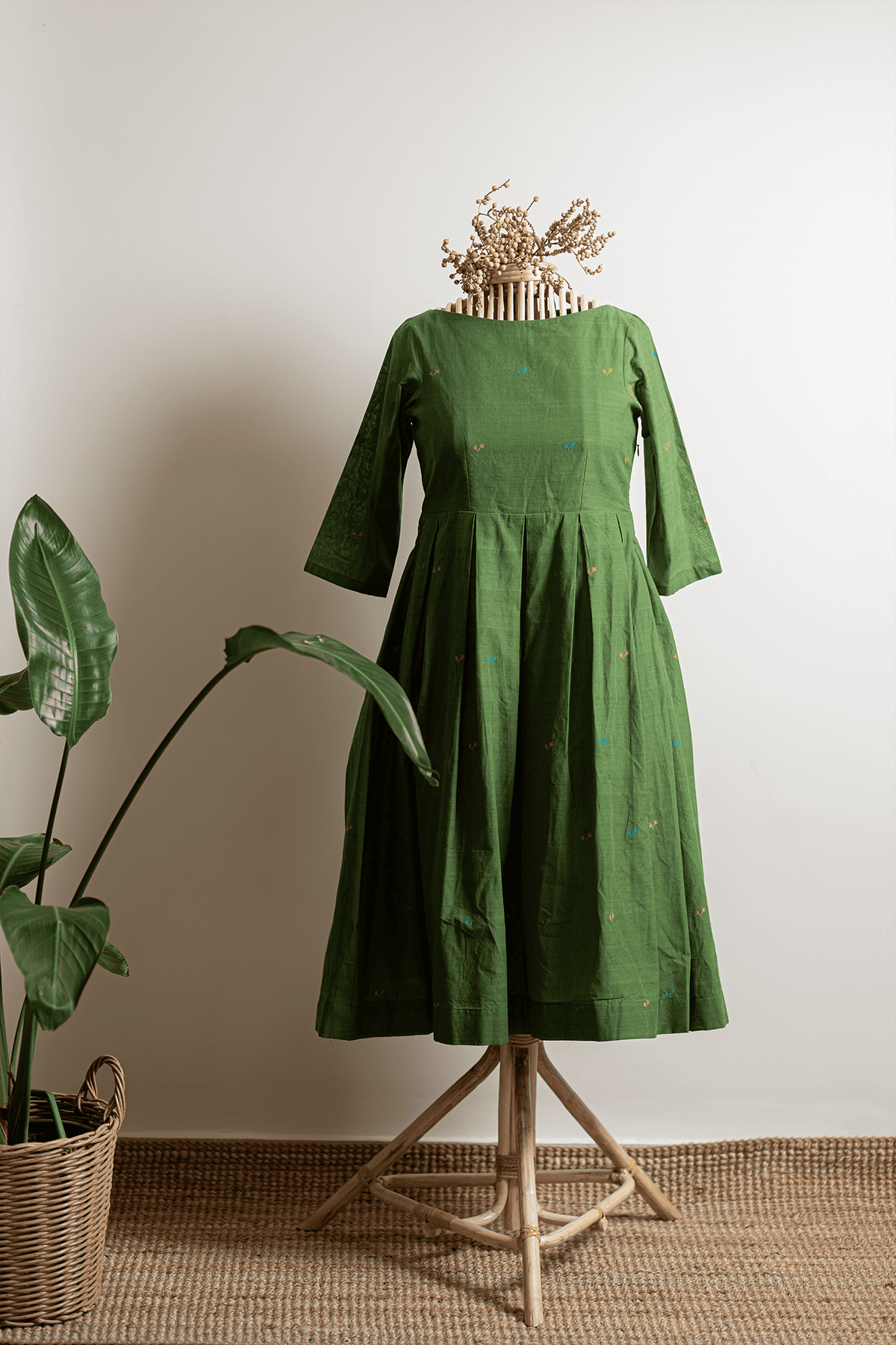 Forest Green Handwoven Jamdani Dress